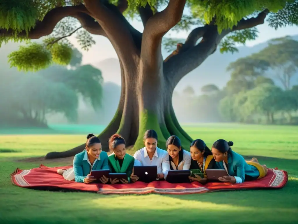 Estudiantes indígenas aprendiendo al aire libre con tecnología digital