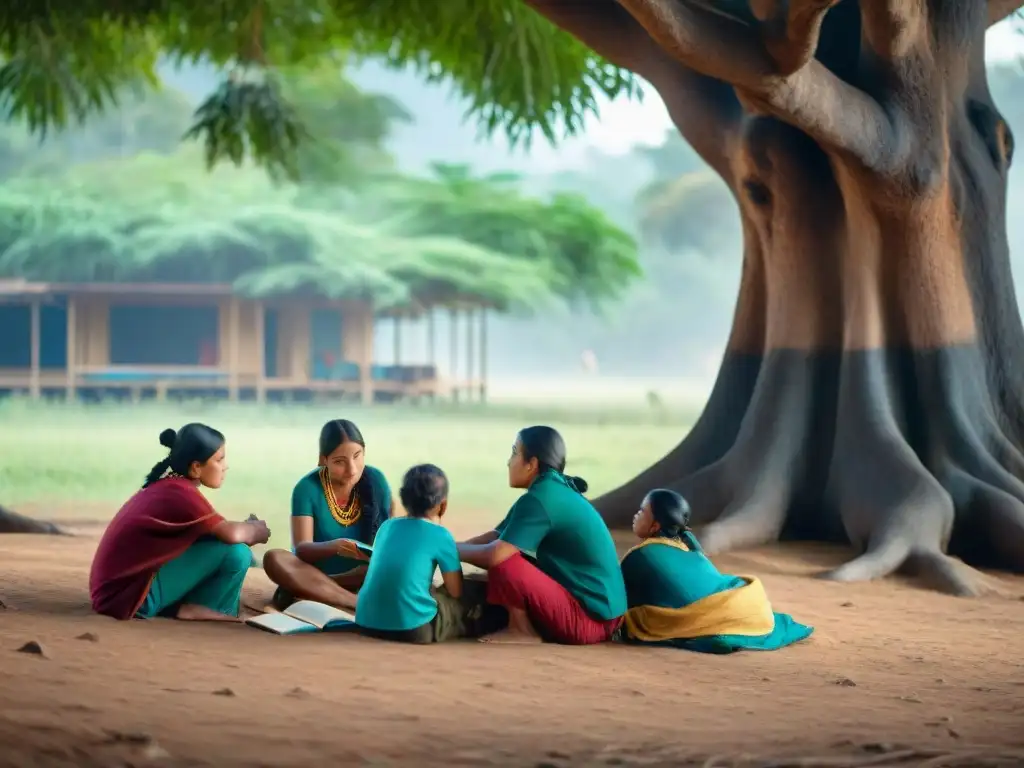 Estudiantes indígenas aprendiendo bajo un árbol, reflejando la educación a distancia en comunidades indígenas