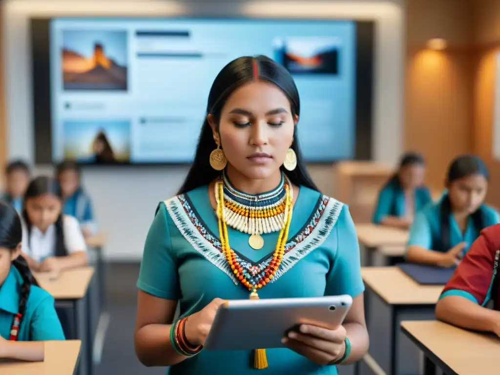 Estudiantes indígenas en aula bilingüe con tecnología digital