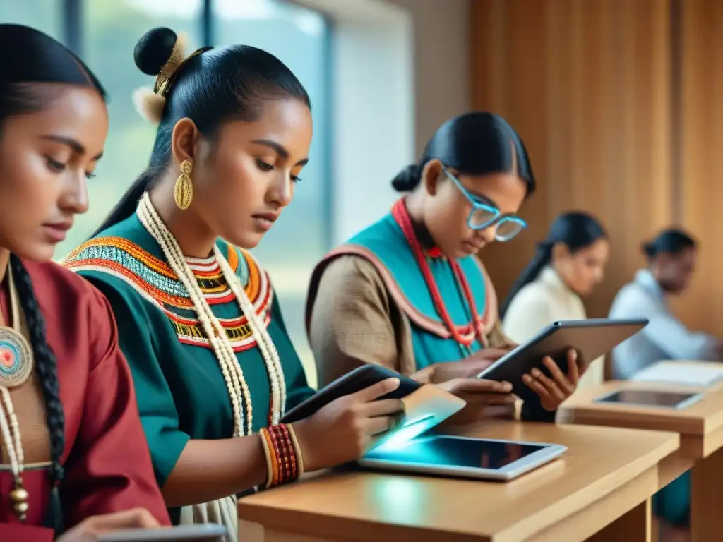 Estudiantes indígenas en aula moderna, usando tecnología con expresiones concentradas