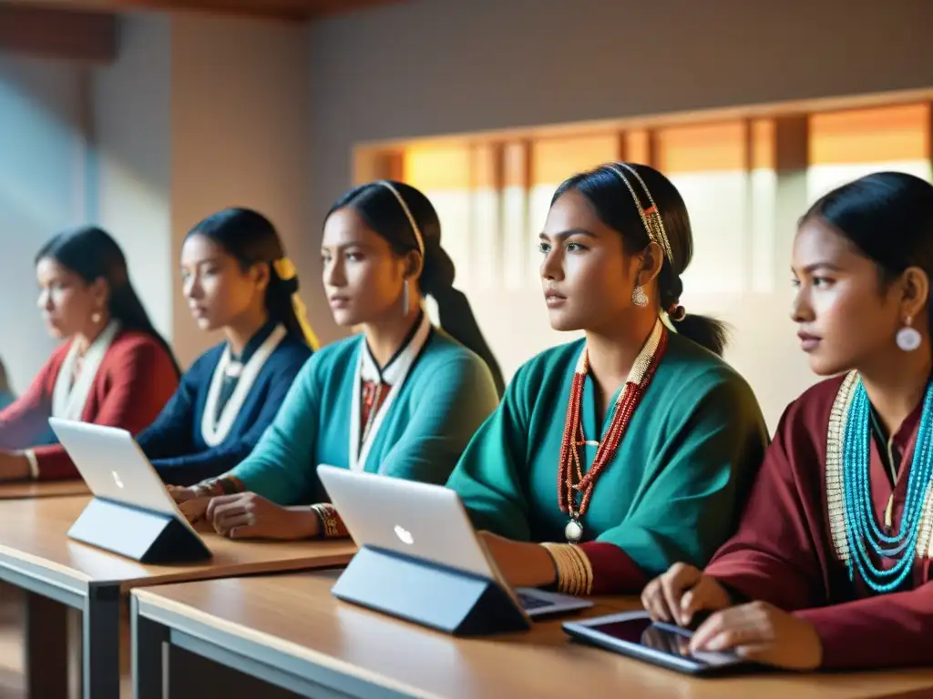 Estudiantes indígenas en aula con tecnología digital y educación bilingüe