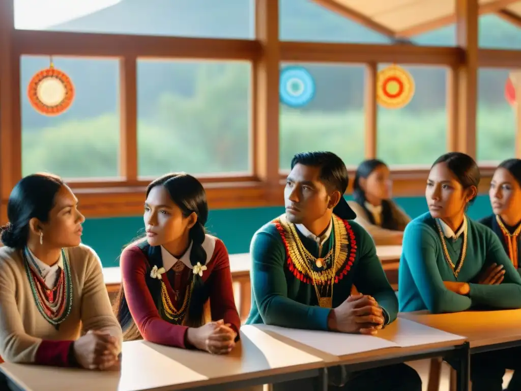 Estudiantes indígenas aprenden con pasión en una clase de educación bilingüe para indígenas, llenando el aula de colores y tradiciones