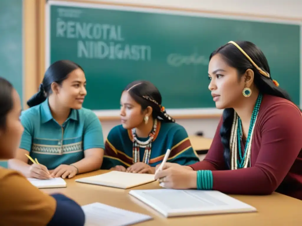 Estudiantes indígenas participan activamente en clase, inmersos en su cultura y herencia