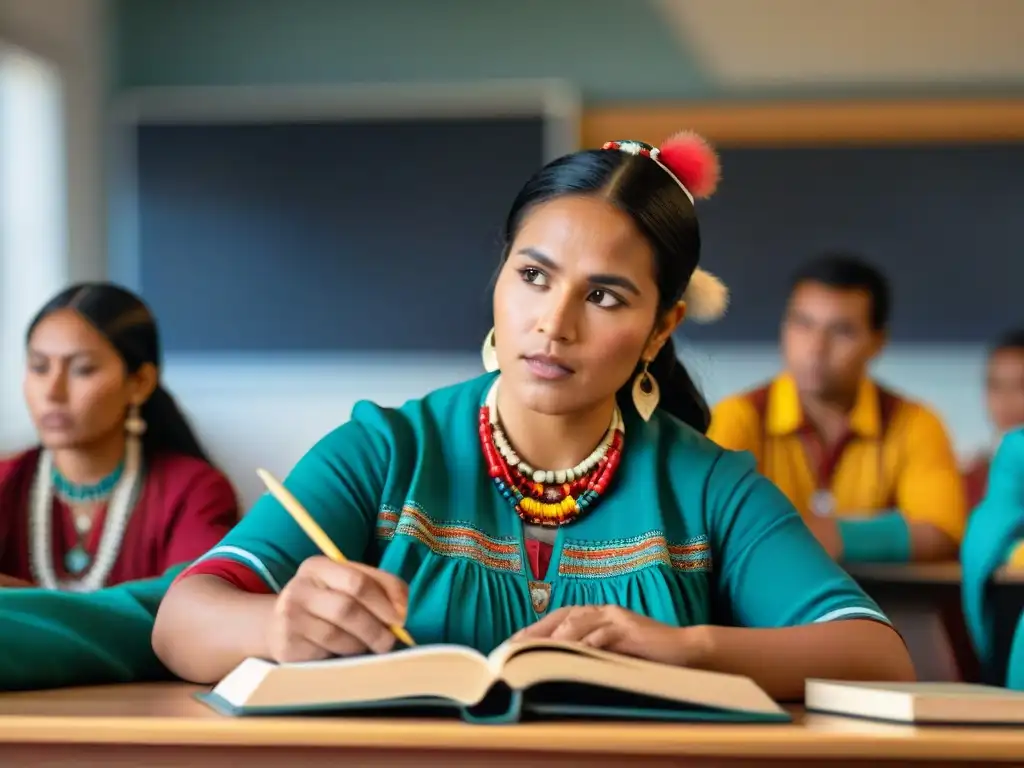 Estudiantes indígenas participando en enseñanza bilingüe en escuela, con elementos culturales vibrantes