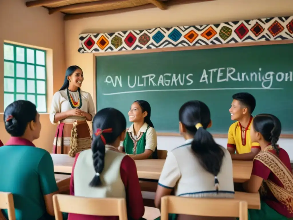 Estudiantes indígenas aprenden en escuela bilingüe rodeados de arte tradicional en la Amazonía