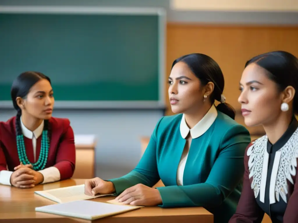 Estudiantes indígenas y maestro dialogan en aula moderna, reflejando tratados indígenas educación contemporánea