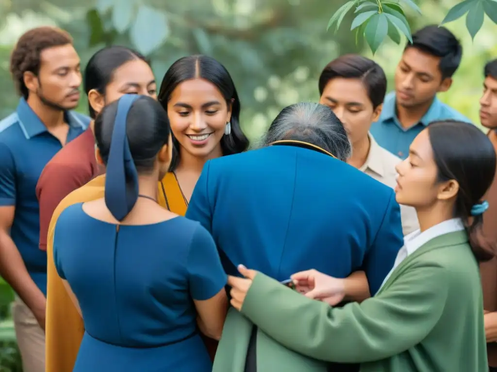 Estudiantes indígenas y occidentales colaboran en actividad al aire libre, integrando sistemas educativos