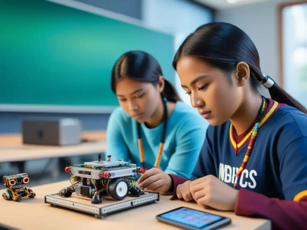 Estudiantes indígenas de pieles tradicionales participan entusiastas en un taller de robótica en su escuela