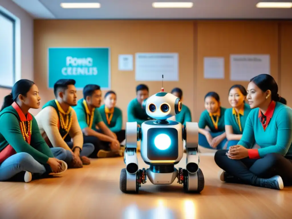 Estudiantes indígenas programan robot en clase con apoyo de maestro, fusionando cultura tradicional con robótica educativa en escuelas indígenas