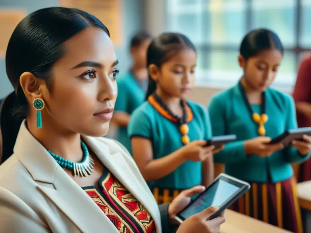 Estudiantes indígenas con tabletas en educación bilingüe en comunidades indígenas