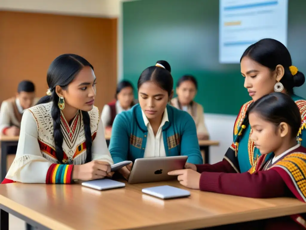 Estudiantes indígenas interactúan con tecnología digital en aula bilingüe, fusionando tradición y modernidad