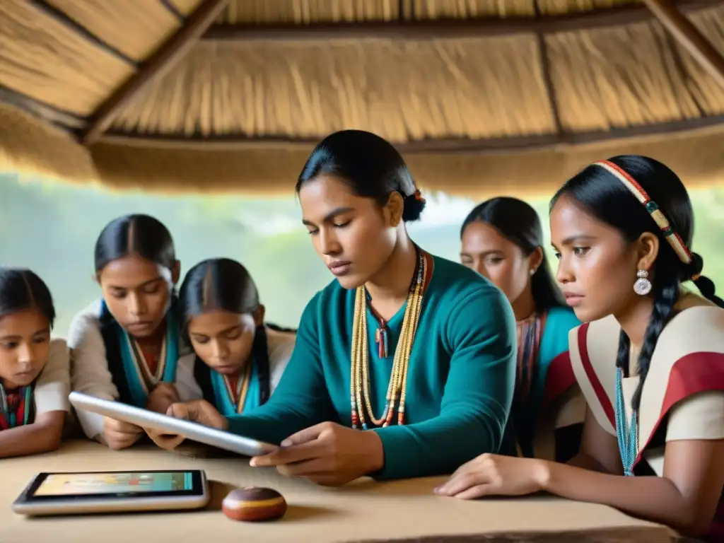 Estudiantes indígenas usan tecnologías educativas en aula tradicional