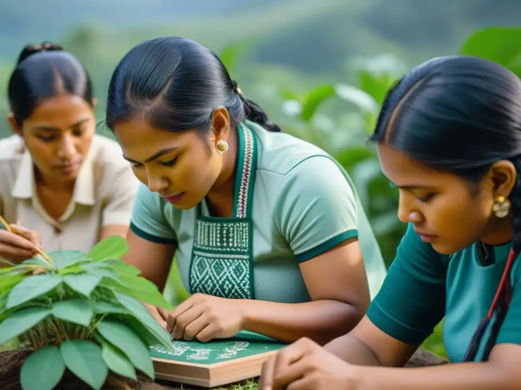 Estudiantes y maestros indígenas colaborando en actividades educativas al aire libre, en armonía con la naturaleza