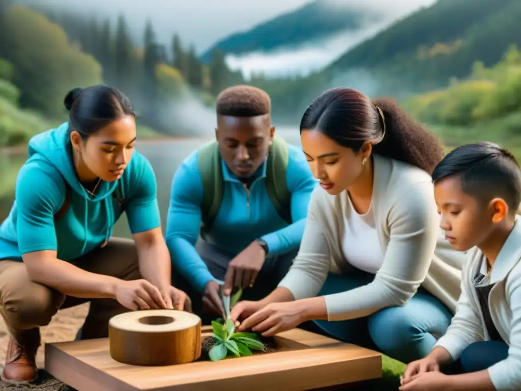 Estudiantes diversos realizan proyecto colaborativo al aire libre, integración saberes tradicionales educación bilingüe