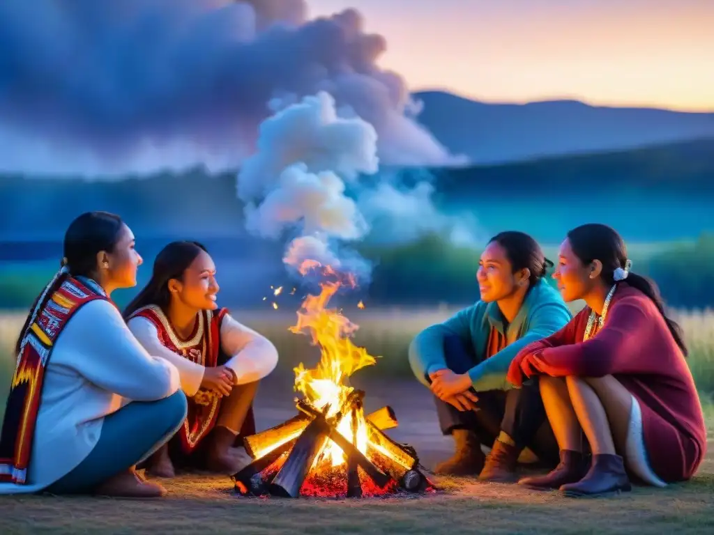 Estudiantes Sioux conectados con su cultura alrededor de una fogata en la noche estrellada, representando la educación indígena en reservas Sioux