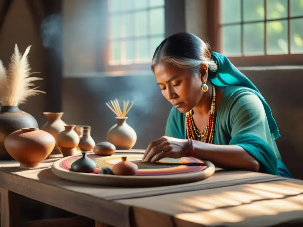 Un estudio rústico iluminado débilmente, donde artistas indígenas de diversas tribus crean sus obras tradicionales