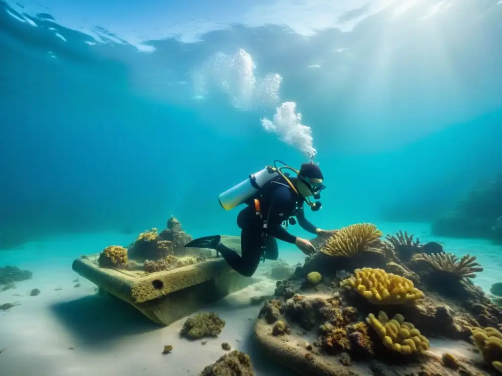 Excavación meticulosa de artefactos indígenas sumergidos, rodeados de vida marina vibrante y ruinas sumergidas