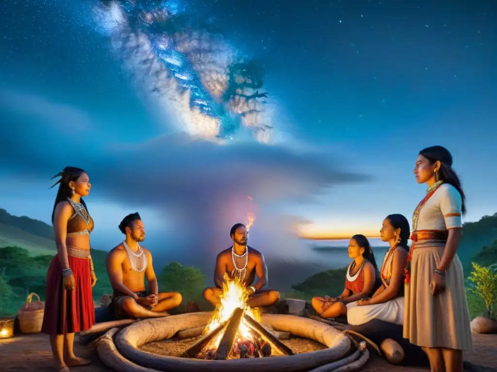 Experiencia espiritual en retiros indígenas: grupo alrededor de fogata bajo cielo estrellado, en ritual espiritual con vestimenta tradicional y joyas