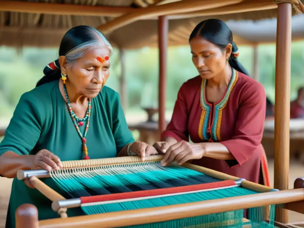 Una experiencia inmersiva en culturas indígenas de América: anciana tejiendo en telar tradicional rodeada de comunidad y naturaleza exuberante