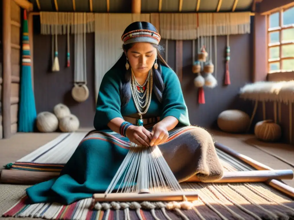 Experiencias inmersivas culturas indígenas América: Anciano mapuche tejiendo en su taller lleno de color y tradición