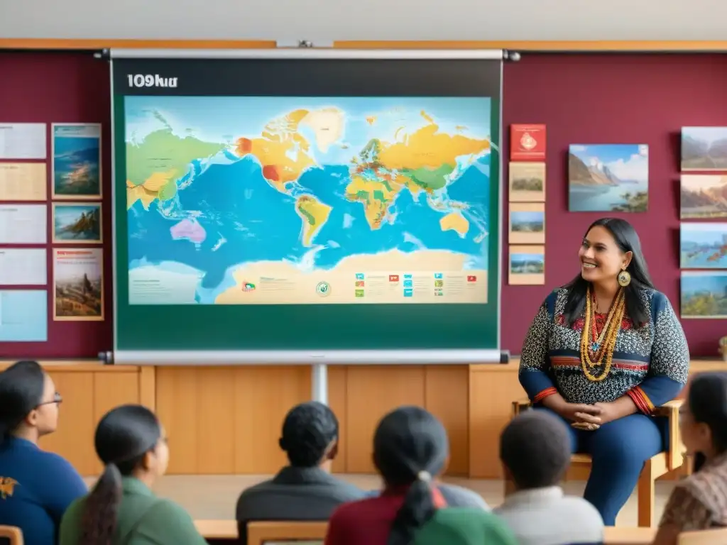 Experiencias reales derechos indígenas: aula vibrante con estudiantes diversos y anciano indígena enseñando