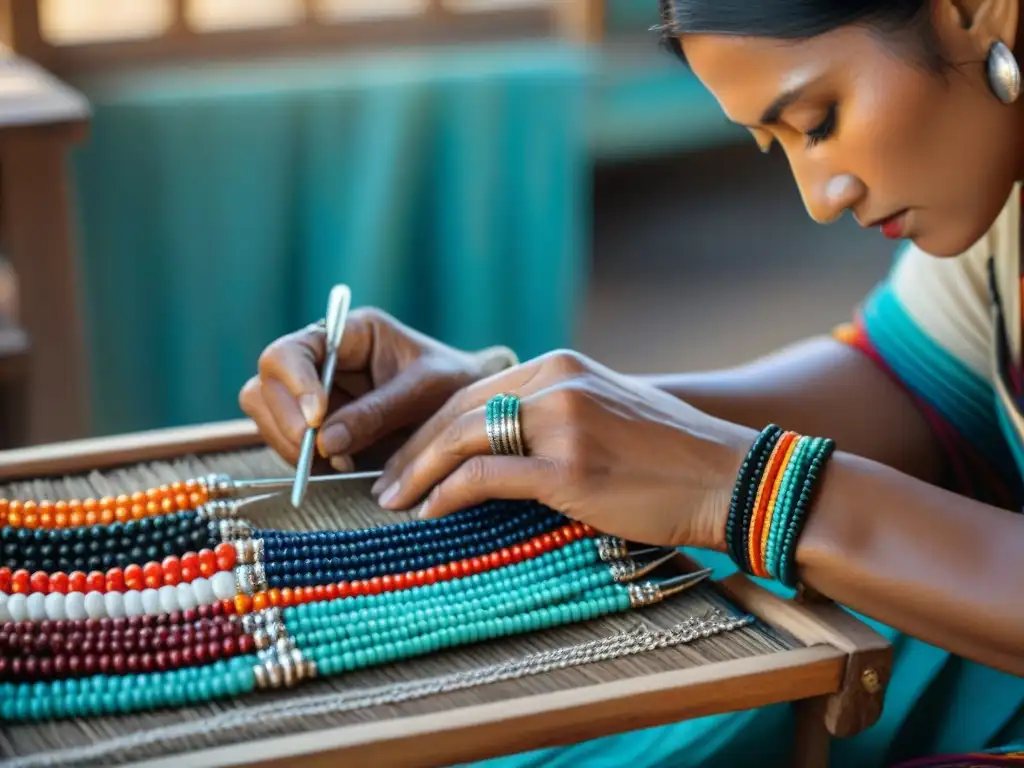 Las experimentadas manos de un artesano indígena tejiendo joyería tradicional, simbolismo joyería indígena América