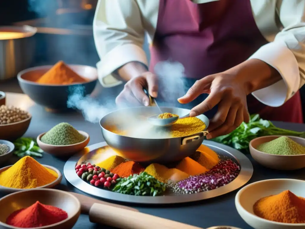 Un experimentado chef indígena en atuendo tradicional preparando con maestría platos vibrantes usando técnicas indígenas en una cocina moderna