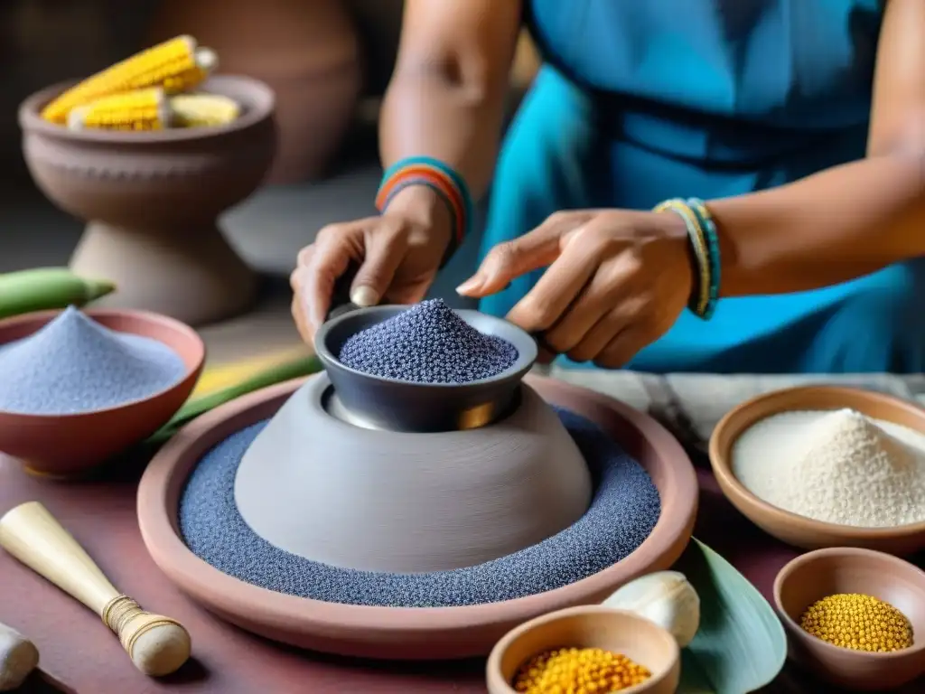 Experta mujer indígena muele maíz azul en metate, con utensilios antiguos y maíz colorido de fondo, fusionando técnicas indígenas cocina moderna