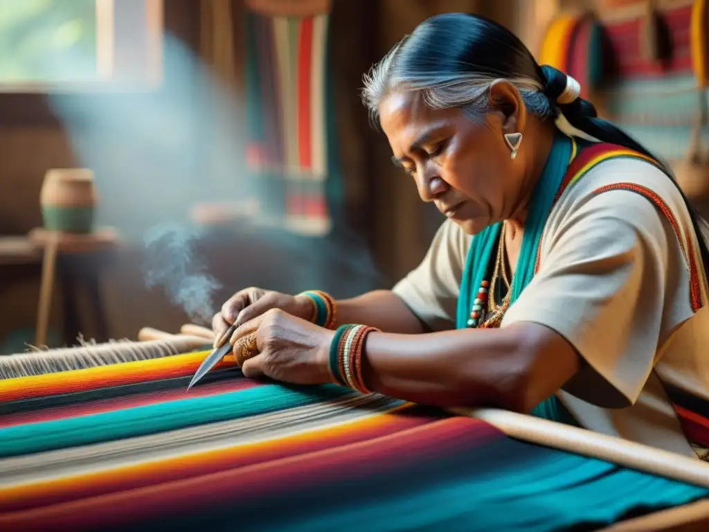 Un experto artesano indígena tejiendo una colorida tela tradicional, rodeado de hilos y patrones, en una escena de orgullo y tradición