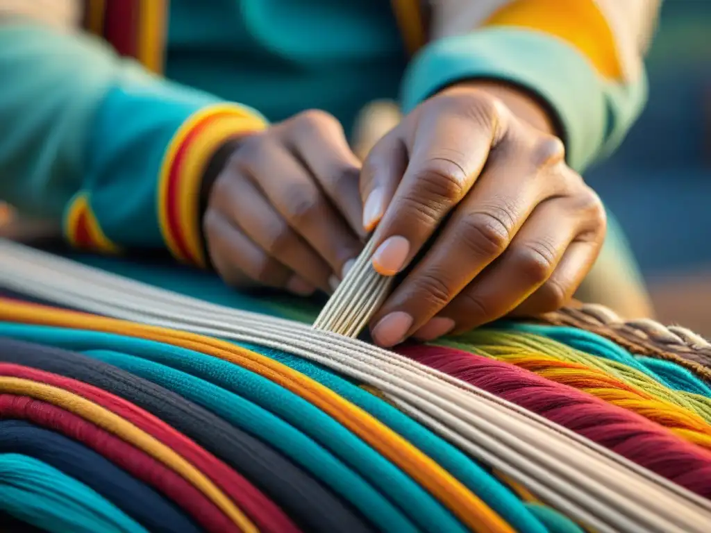 Un experto artesano indígena teje con maestría patrones coloridos en una obra textil, reflejando la esencia de la tradición y la destreza cultural