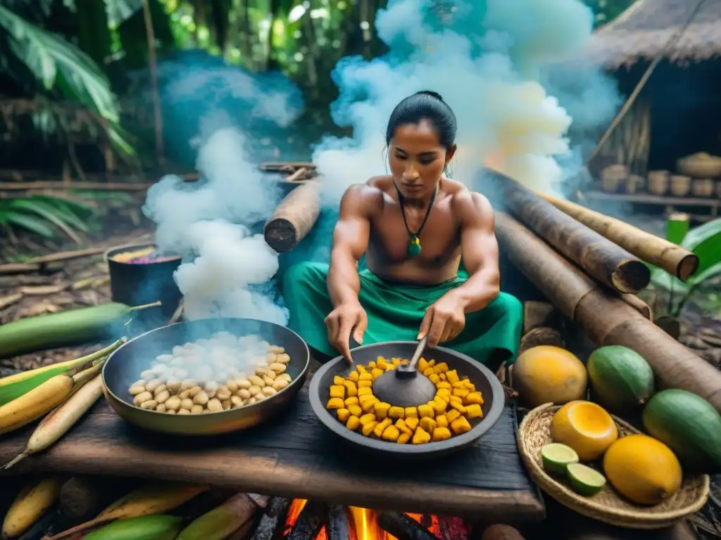 Un experto miembro de la comunidad indígena amazónica prepara un plato tradicional sobre fuego abierto, rodeado de ingredientes tropicales