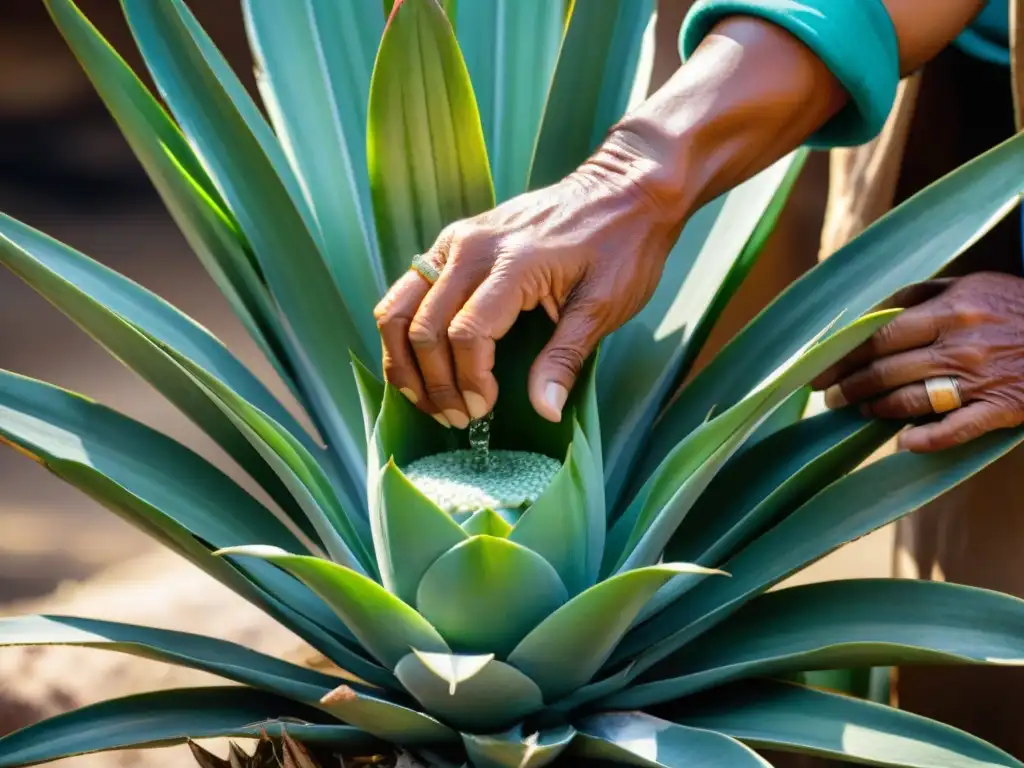 Un experto pulquero extrayendo aguamiel de maguey, resaltando la tradición y origen del pulque