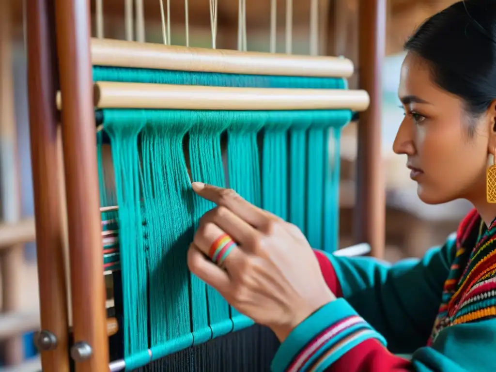 El experto tejido de un artesano mapuche creando accesorios textiles tradicionales con colores vibrantes y patrones intrincados