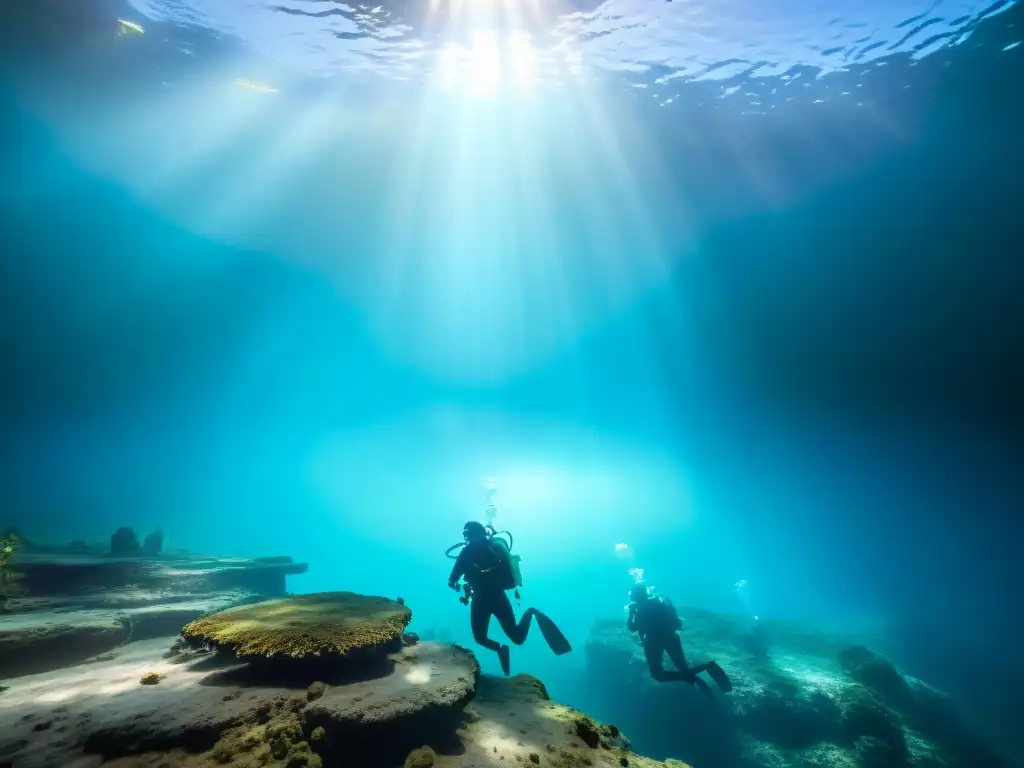 Exploración de arte precolombino en cenote mexicano con buceadores iluminados por rayos solares