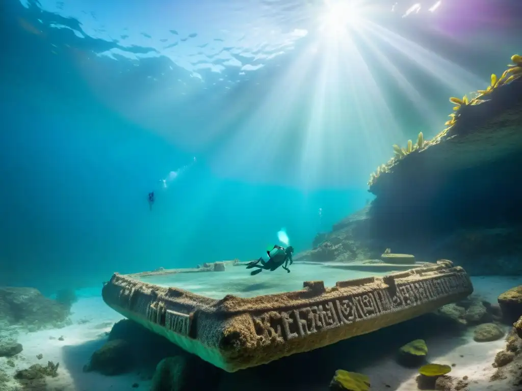 Exploración de arte precolombino en contextos acuáticos: arqueólogos submarinos descubriendo un tesoro maya en cenote