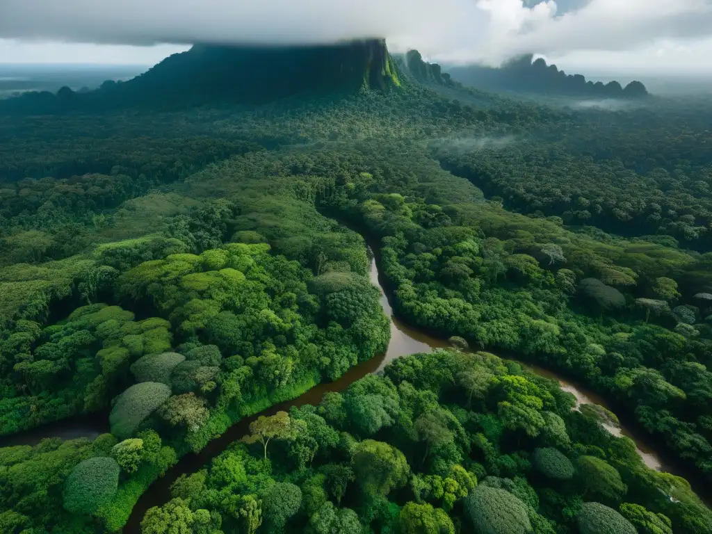 Exploración de culturas indígenas en América: vista aérea detallada de la exuberante selva amazónica con ríos serpenteando entre la densa vegetación