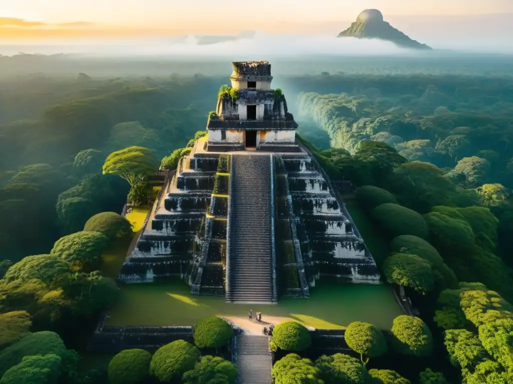 Exploración de culturas indígenas en América: Drone sobre ruinas de Tikal al atardecer con pirámides y selva