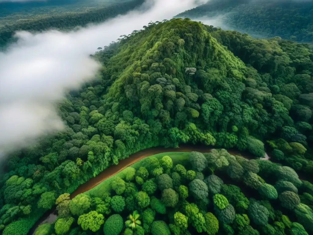 Exploración de culturas indígenas en América: Selva exuberante con río serpenteante y aldea entre árboles