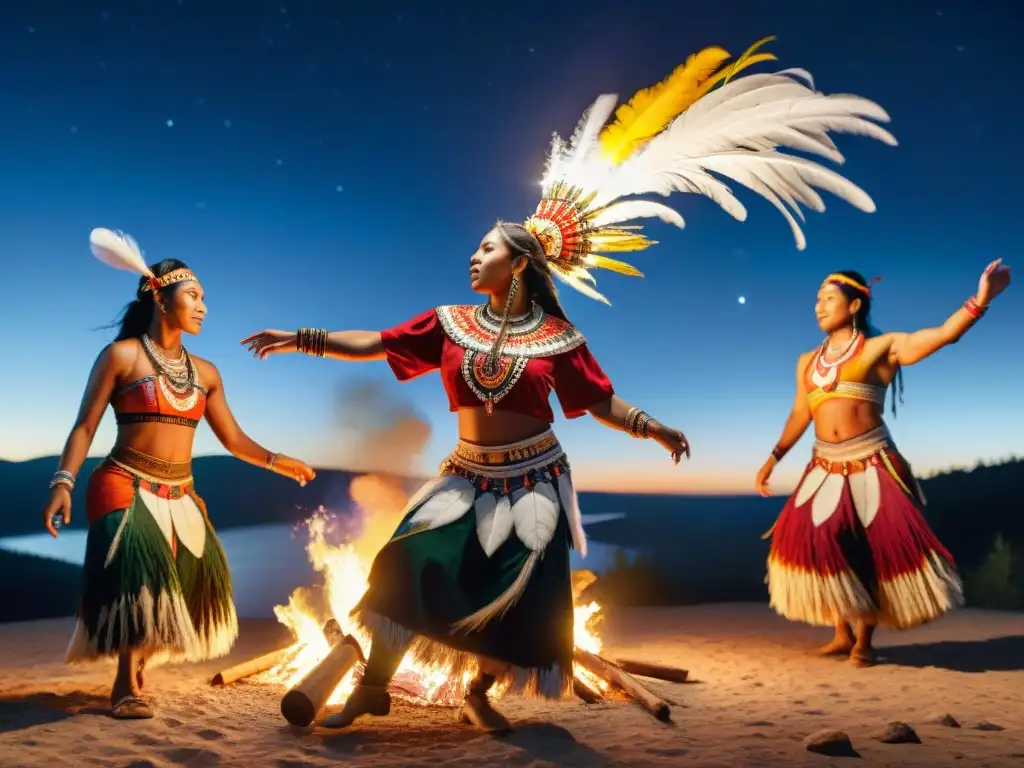 Expresión espiritual indígena contemporánea: Grupo de bailarines indígenas danzando alrededor de una fogata bajo un cielo estrellado en la selva