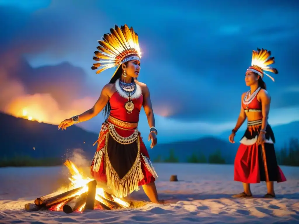 Expresión espiritual indígena contemporánea: Bailarines tradicionales alrededor del fuego bajo un cielo estrellado