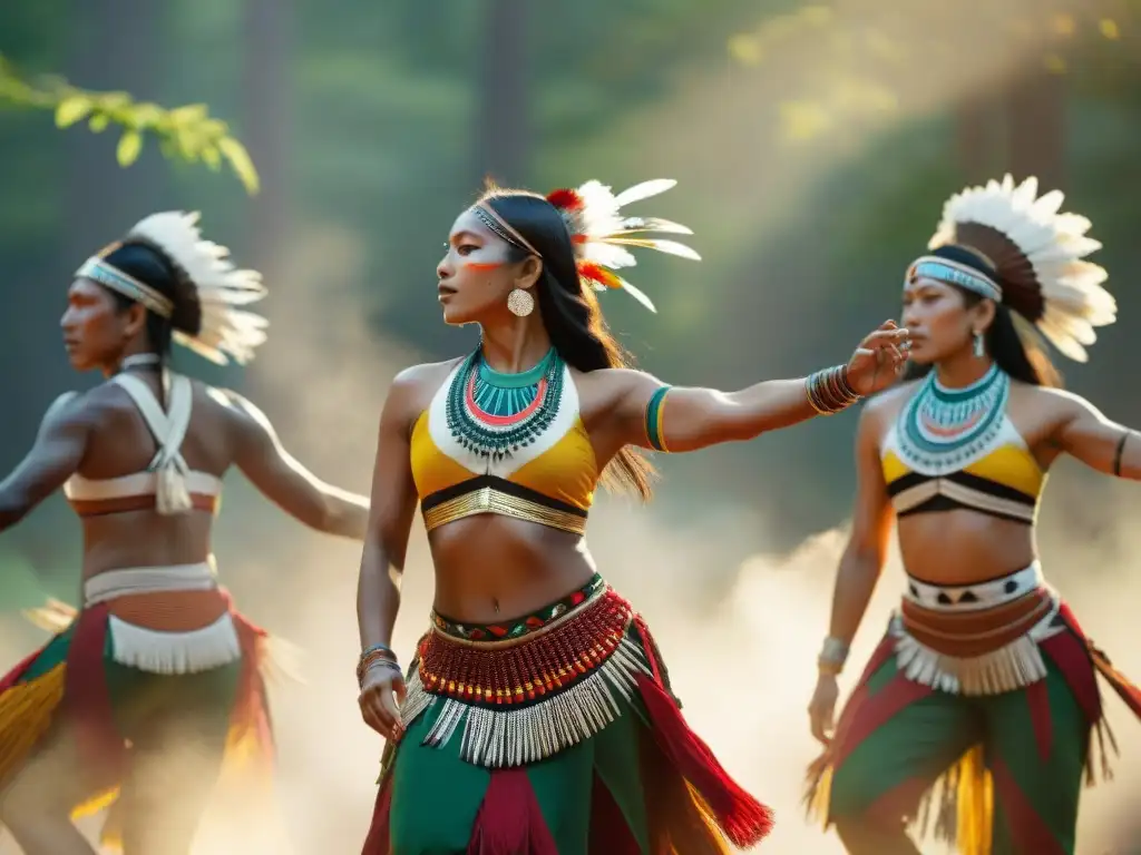 Expresiones musicales en culturas indígenas: Grupo de bailarines indígenas en trajes tradicionales, danzando en la selva