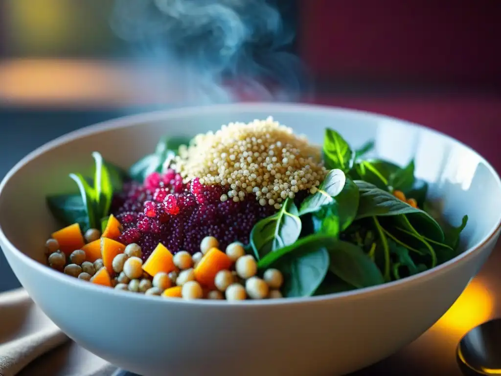 Una exquisita ensalada de amaranto con vegetales y semillas, resaltando los beneficios del amaranto en nutrición