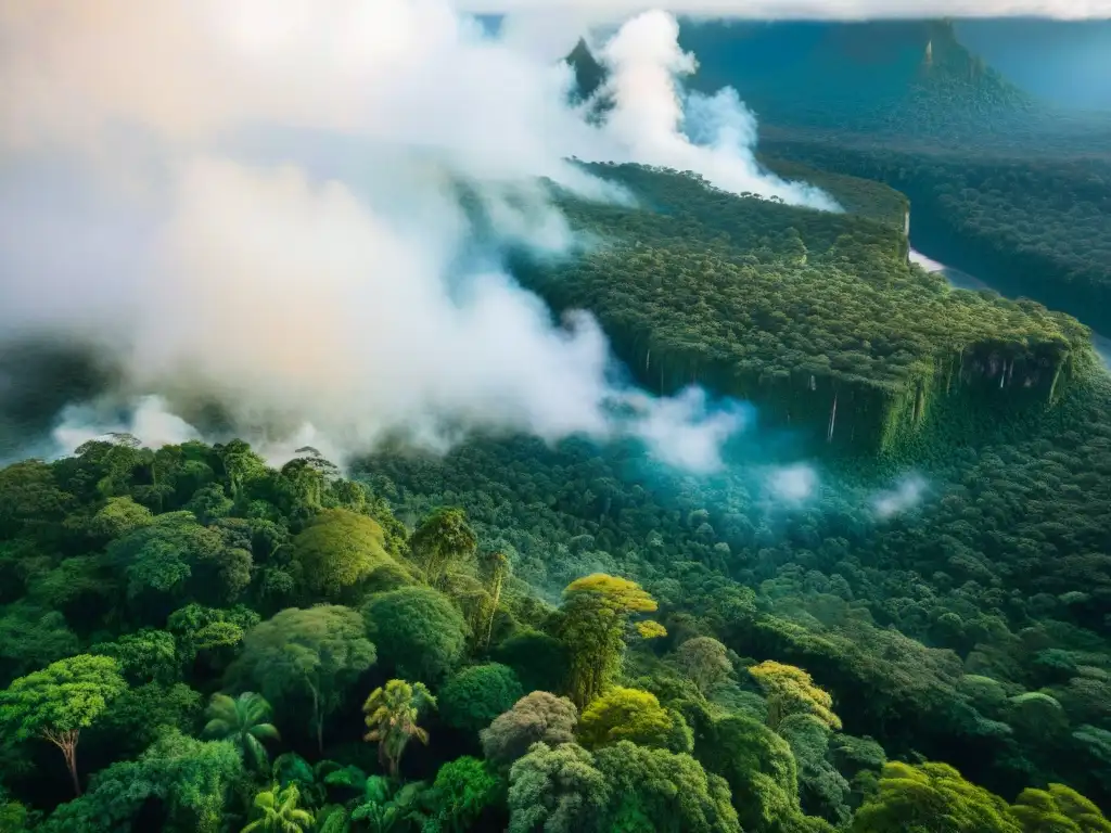 Un exuberante bosque tropical en el Amazonas, con aves y monos coloridos