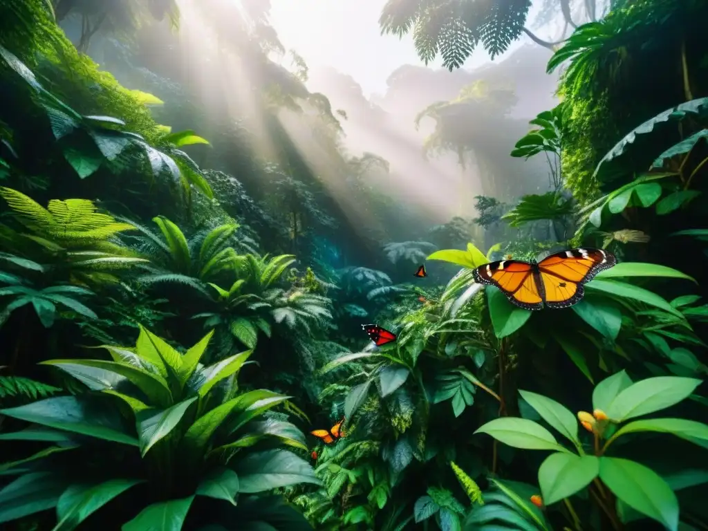 Un exuberante bosque tropical lleno de vida, con mariposas vibrantes y aves exóticas bajo la luz del sol