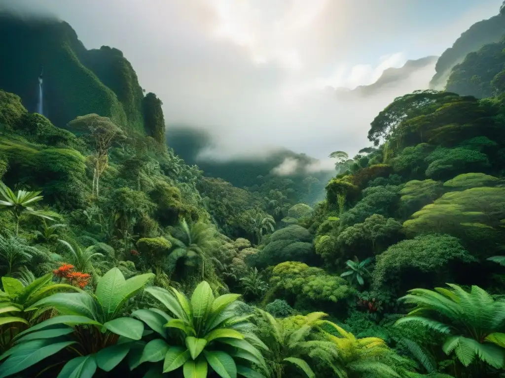 Un exuberante bosque tropical con plantas y hierbas medicinales nativas, reflejando la biodiversidad y la sabiduría ancestral