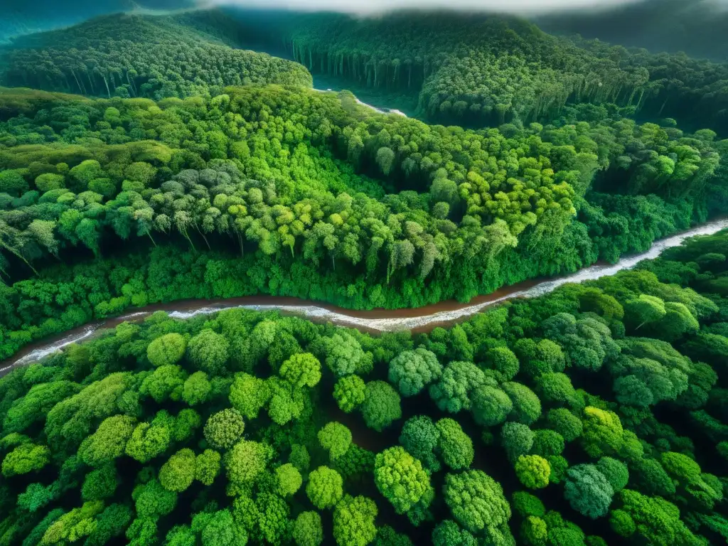 Un exuberante bosque tropical con un río serpenteante, resaltando la importancia del Monitoreo ambiental tradicional tecnológico en las Américas