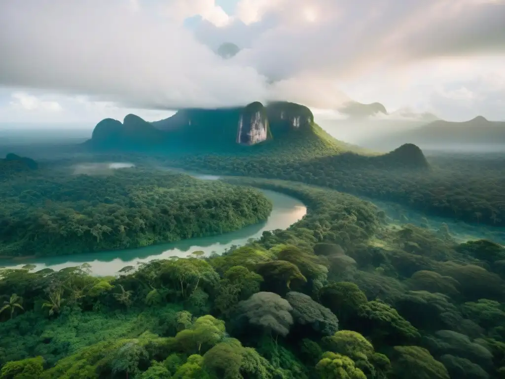 Un exuberante bosque tropical con vida abundante y una aldea indígena tradicional en armonía