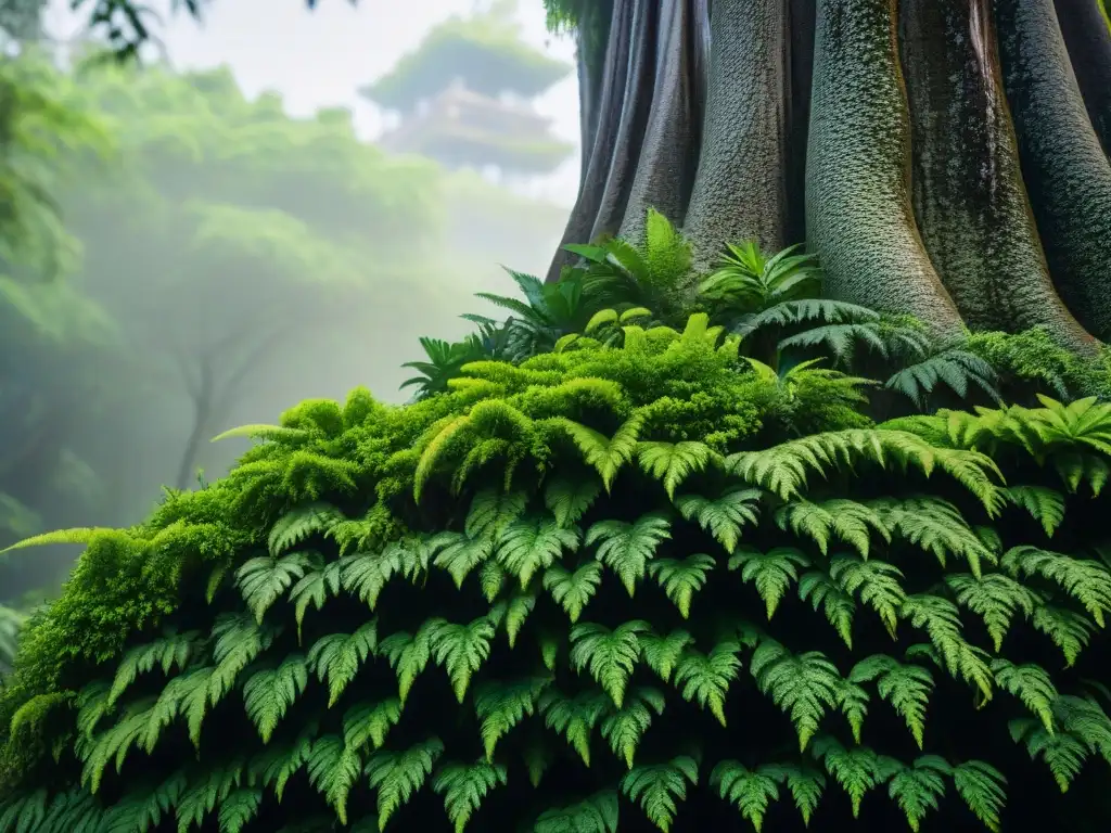 Una exuberante botánica indígena paisaje urbano: red de raíces, musgos y flores en árbol de Ceiba en la ciudad