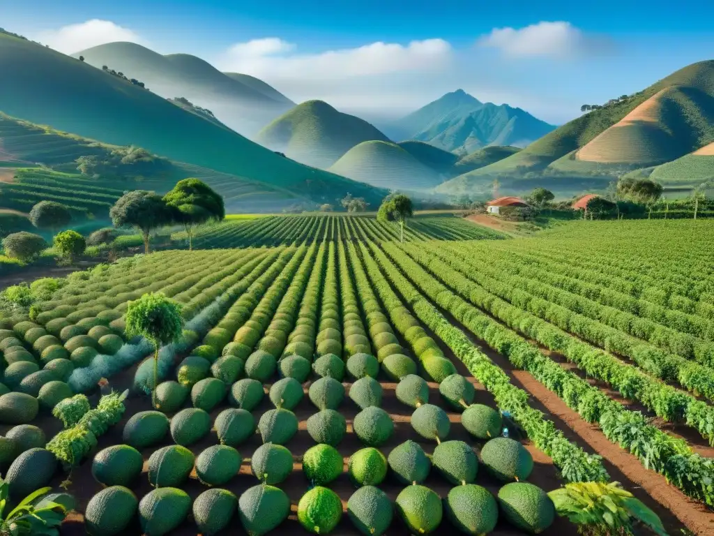 Un exuberante huerto de aguacates con árboles cargados de fruta madura, bajo un cielo azul