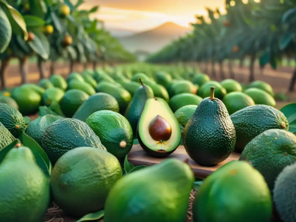 Un exuberante huerto de aguacates al amanecer, con árboles repletos de frutas maduras bajo la luz dorada